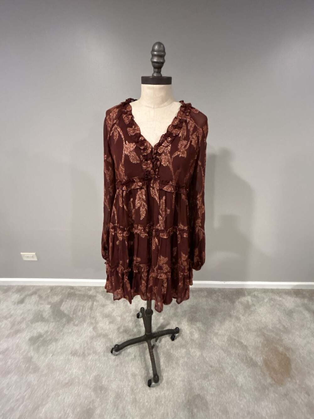 Anthropologie Long-Sleeve Tiered Metallic Mini Dress Cocoa Plum Size XS